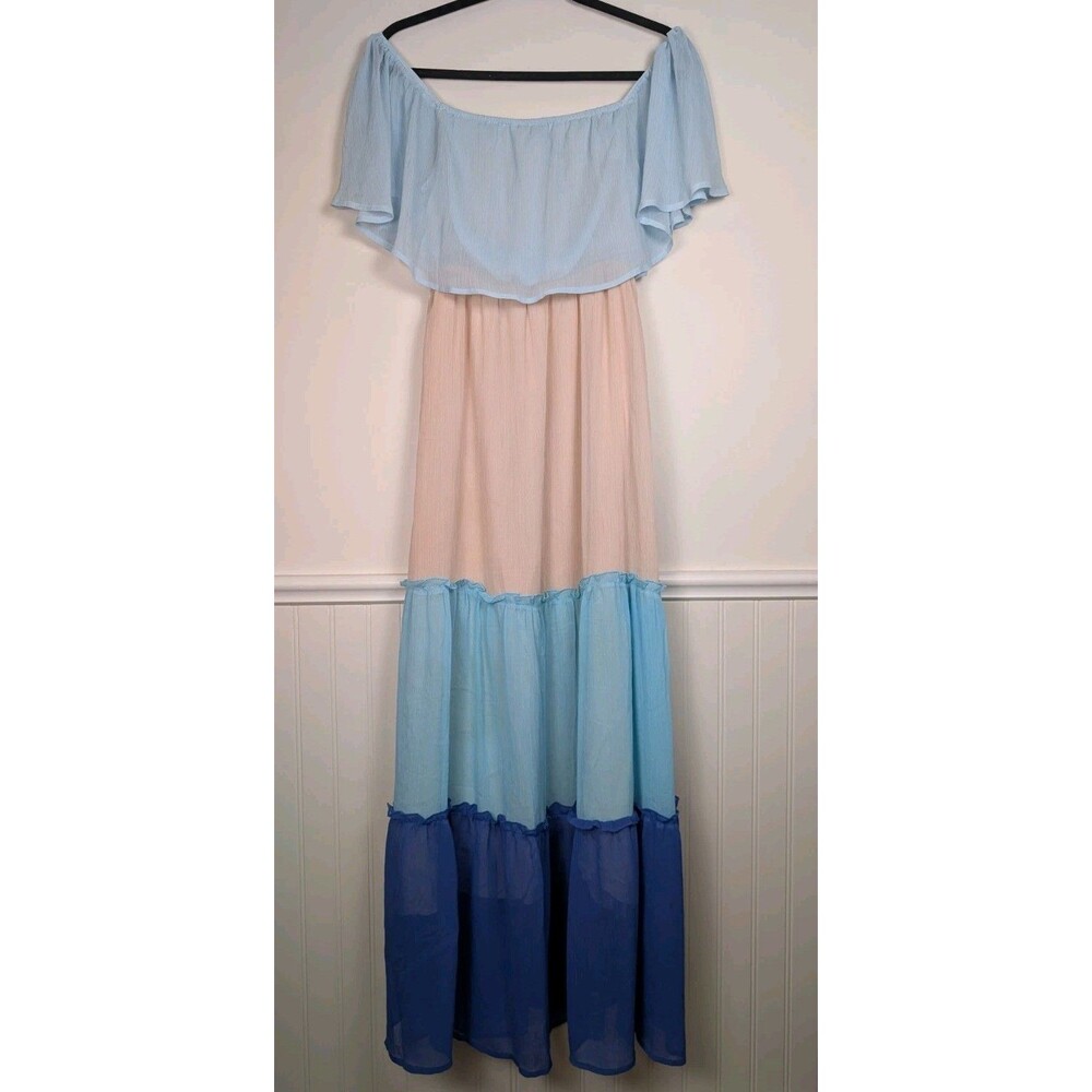 Aakaa Maxi Dress Tiered ColorBlock Blue Medium Off The Shoulder Fairy Peasant